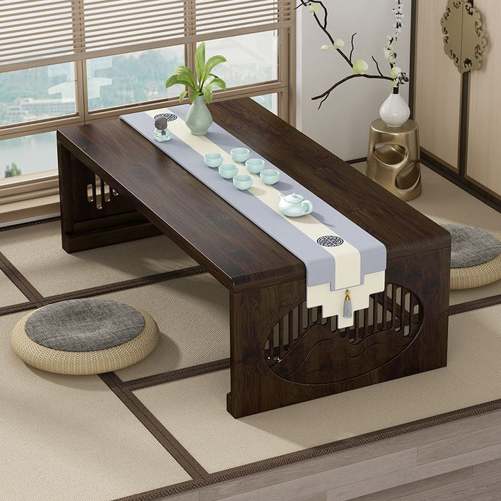 Traditional Japanese Bamboo Rectangular Carving Foldable Coffee Table 1-Tray For Balcony