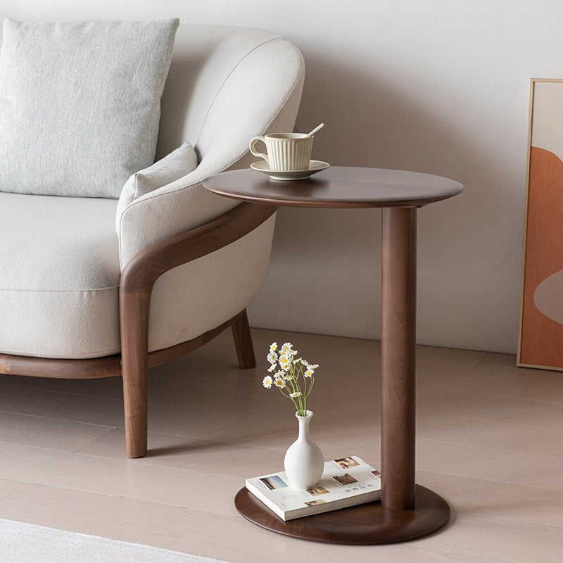 Mesa Lateral Moderna de Madera con Base Elíptica en Forma de Oreja de Gato de 2 Niveles para Sala de Estar 