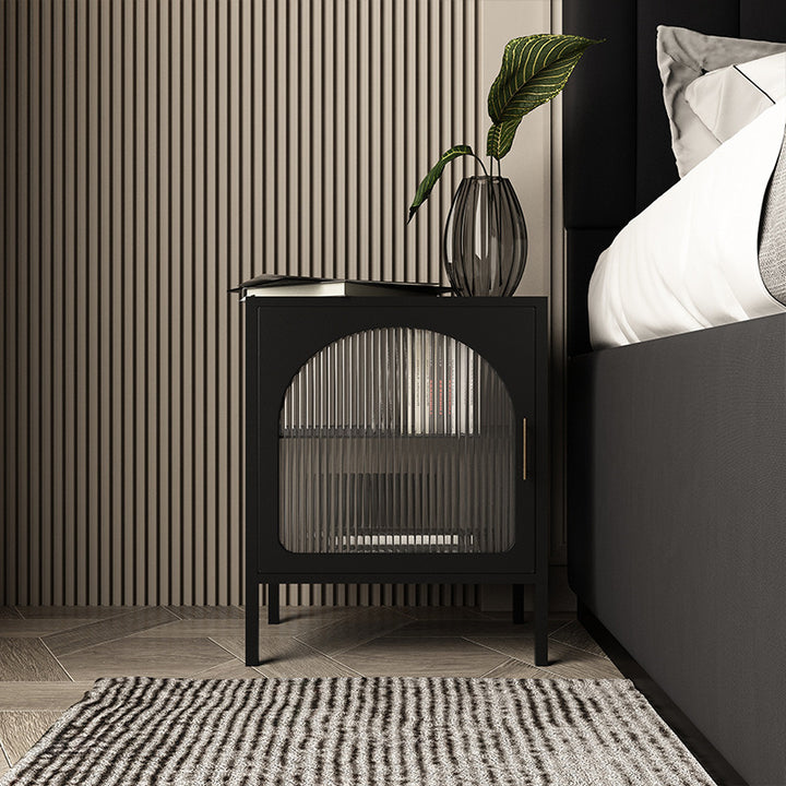 Cube nordique contemporain carré rayé en verre et fer table de chevet à 2 niveaux pour le côté du lit 