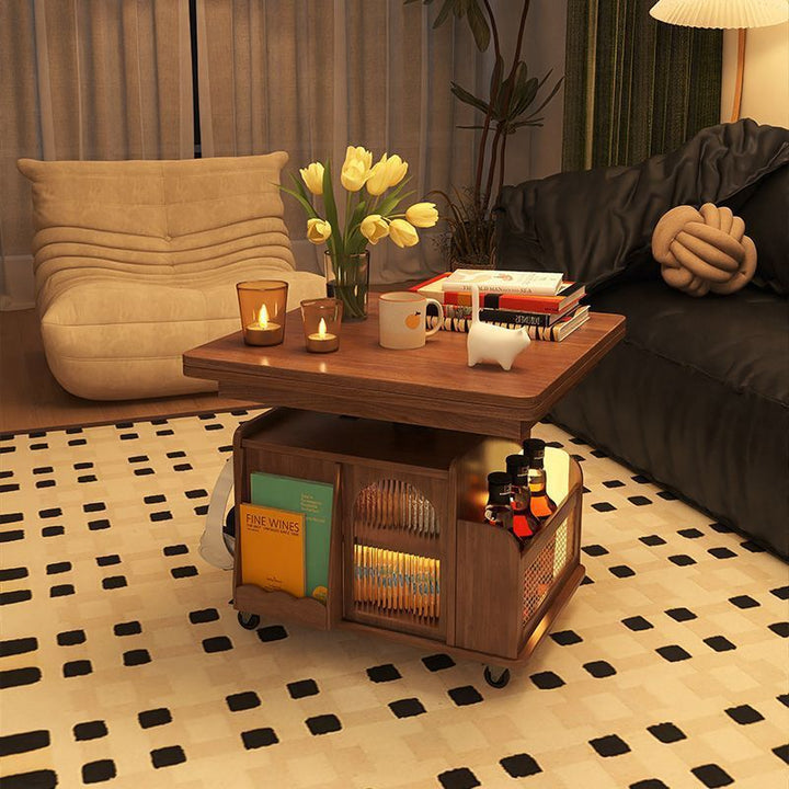 Mesa de café elevable con carrito móvil cuadrado rectangular de ratán de tejido retro contemporáneo con vidrio, madera, metal y 2 estantes de almacenamiento para sala de estar 