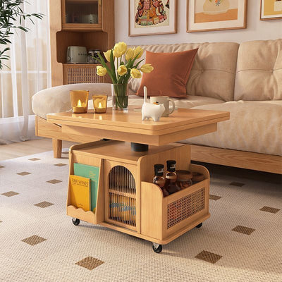 Mesa de café elevable con carrito móvil cuadrado rectangular de ratán de tejido retro contemporáneo con vidrio, madera, metal y 2 estantes de almacenamiento para sala de estar 