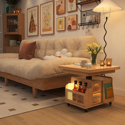 Mesa de café elevable con carrito móvil cuadrado rectangular de ratán de tejido retro contemporáneo con vidrio, madera, metal y 2 estantes de almacenamiento para sala de estar 