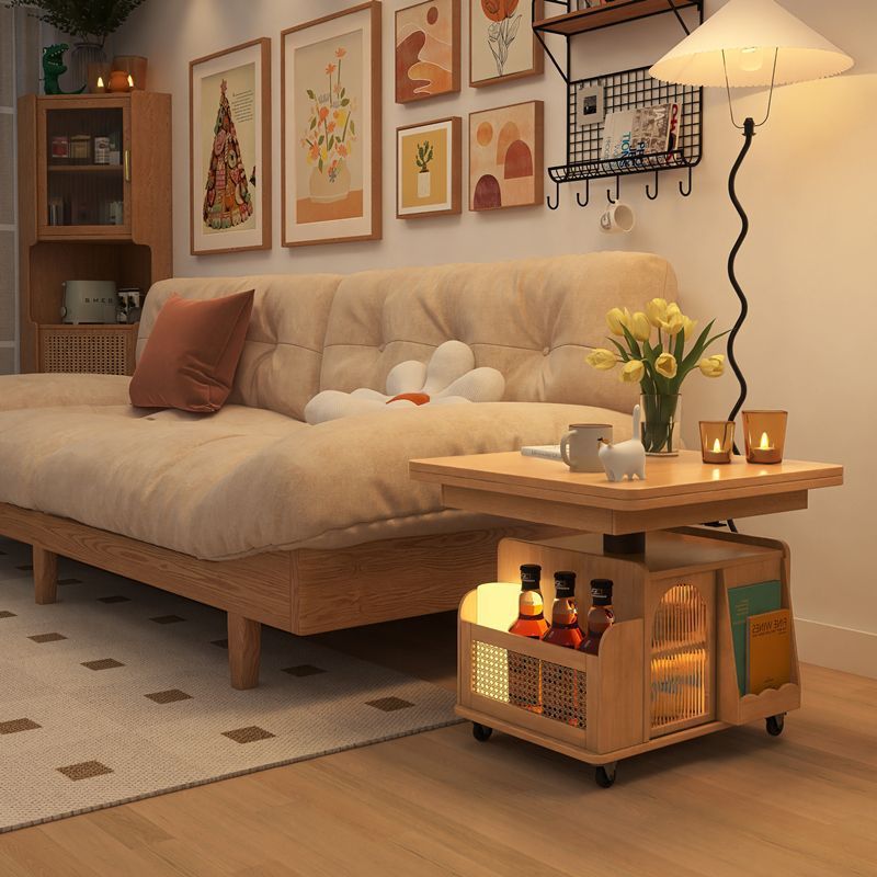 Mesa de café elevable con carrito móvil cuadrado rectangular de ratán de tejido retro contemporáneo con vidrio, madera, metal y 2 estantes de almacenamiento para sala de estar 