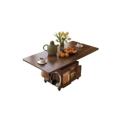 Mesa de café elevable con carrito móvil cuadrado rectangular de ratán de tejido retro contemporáneo con vidrio, madera, metal y 2 estantes de almacenamiento para sala de estar 
