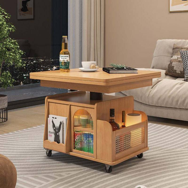Mesa de café elevable con carrito móvil cuadrado rectangular de ratán de tejido retro contemporáneo con vidrio, madera, metal y 2 estantes de almacenamiento para sala de estar 