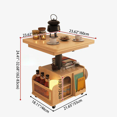 Mesa de café elevable con carrito móvil cuadrado rectangular de ratán de tejido retro contemporáneo con vidrio, madera, metal y 2 estantes de almacenamiento para sala de estar 
