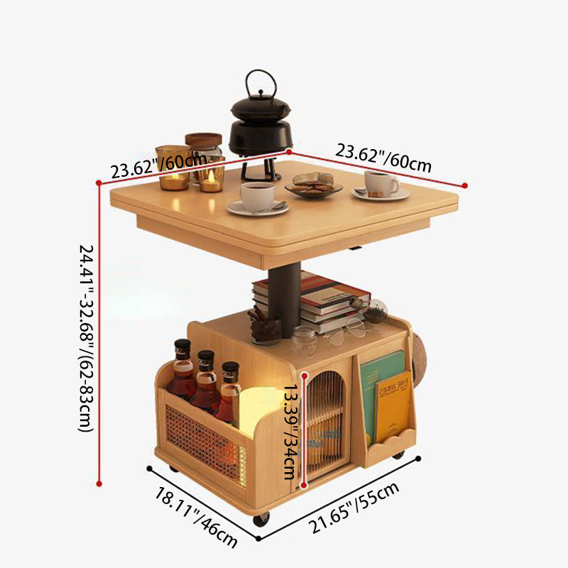Mesa de café elevable con carrito móvil cuadrado rectangular de ratán de tejido retro contemporáneo con vidrio, madera, metal y 2 estantes de almacenamiento para sala de estar 
