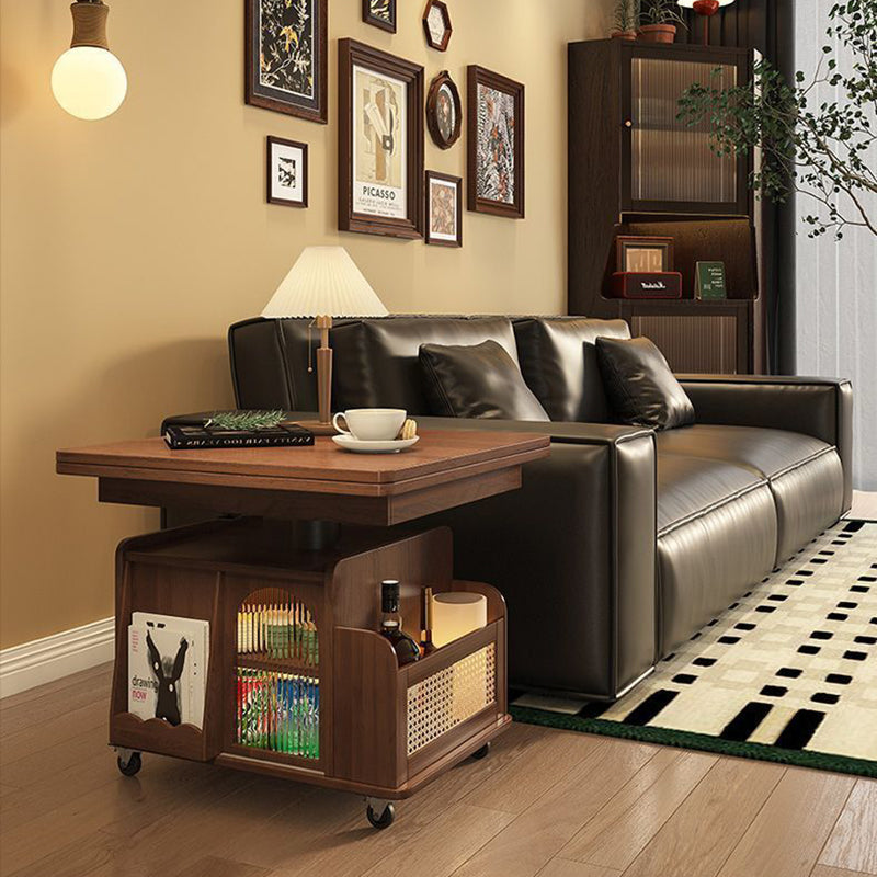 Mesa de café elevable con carrito móvil cuadrado rectangular de ratán de tejido retro contemporáneo con vidrio, madera, metal y 2 estantes de almacenamiento para sala de estar 