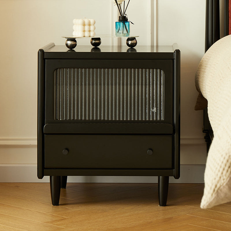 Traditional French Wood Striped Glass Rectangular Nightstand 1-Drawer Storage For Bedside