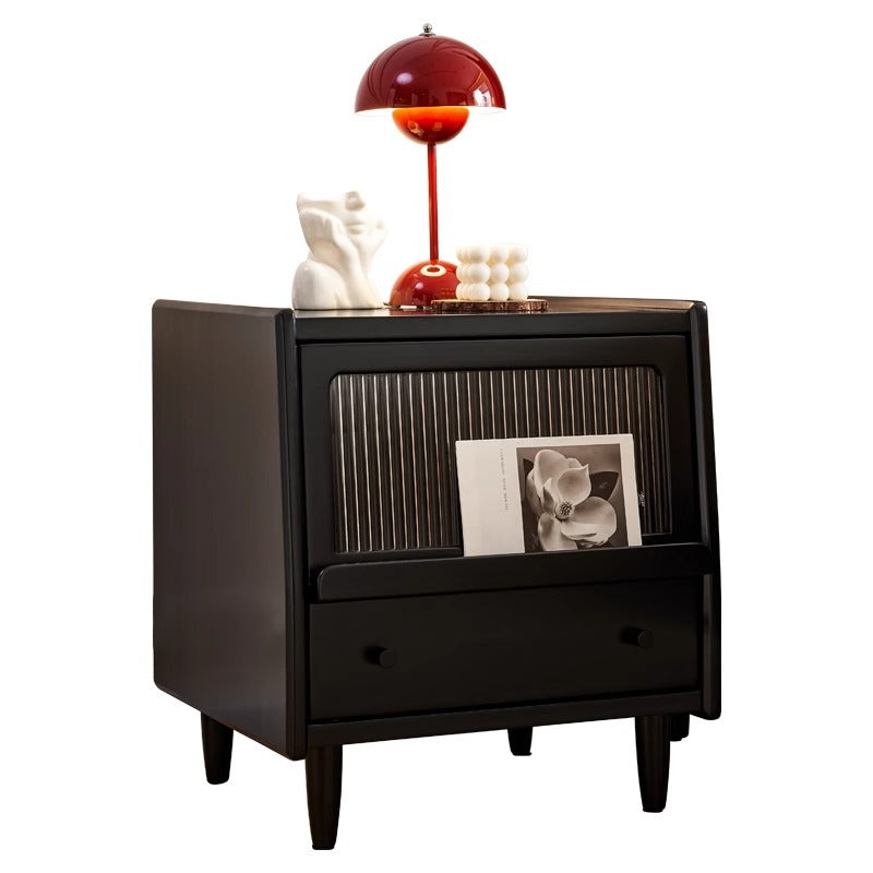 Traditional French Wood Striped Glass Rectangular Nightstand 1-Drawer Storage For Bedside