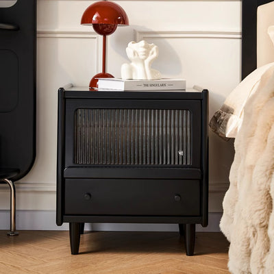 Traditional French Wood Striped Glass Rectangular Nightstand 1-Drawer Storage For Bedside