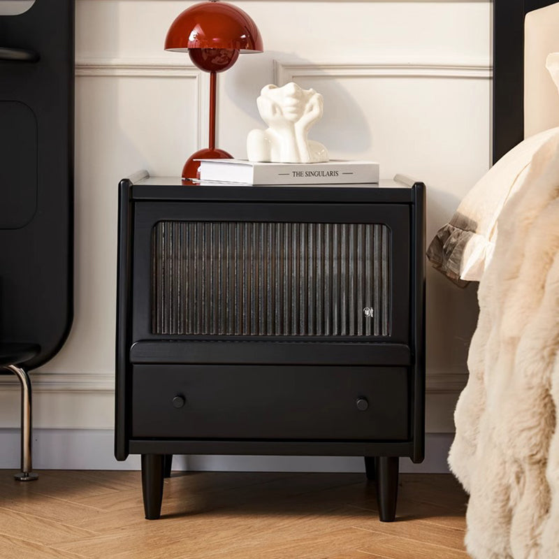 Traditional French Wood Striped Glass Rectangular Nightstand 1-Drawer Storage For Bedside
