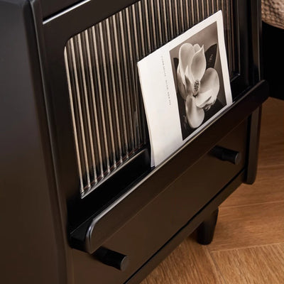 Traditional French Wood Striped Glass Rectangular Nightstand 1-Drawer Storage For Bedside