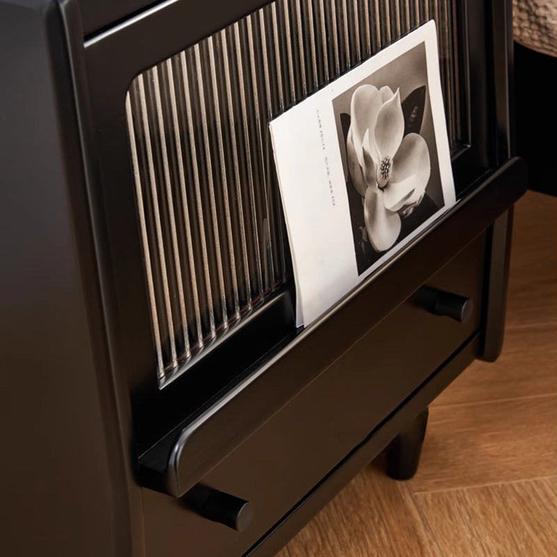 Traditional French Wood Striped Glass Rectangular Nightstand 1-Drawer Storage For Bedside
