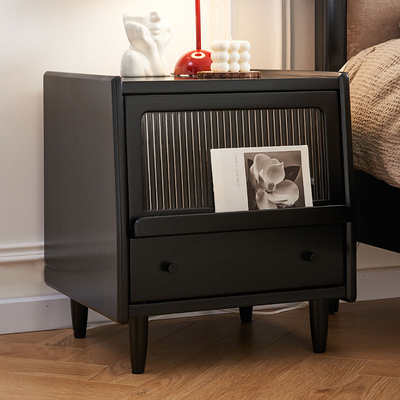 Traditional French Wood Striped Glass Rectangular Nightstand 1-Drawer Storage For Bedside
