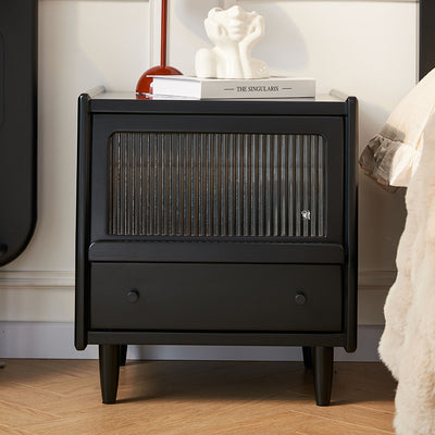 Traditional French Wood Striped Glass Rectangular Nightstand 1-Drawer Storage For Bedside