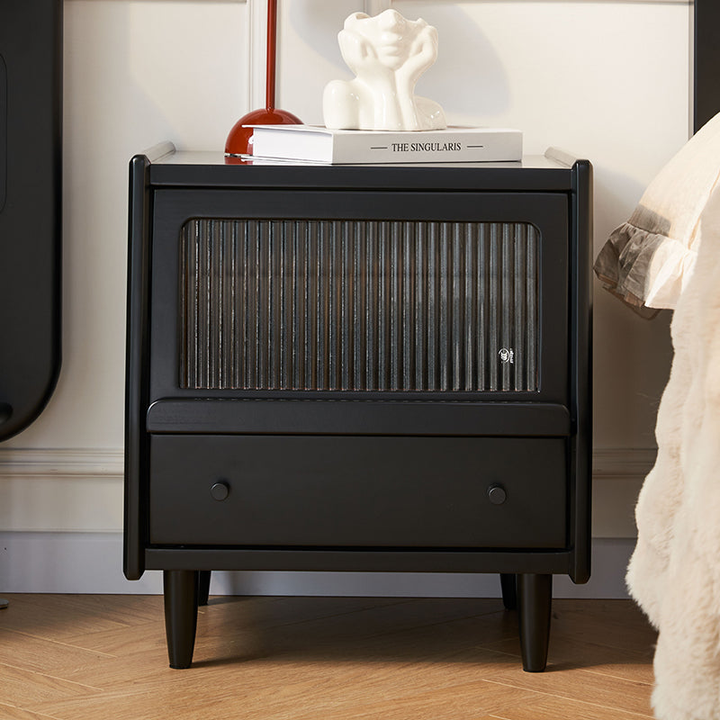 Traditional French Wood Striped Glass Rectangular Nightstand 1-Drawer Storage For Bedside