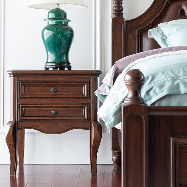 Contemporary Retro Solid Wood Zinc Alloy Rectangular Nightstand 2-Drawer For Bedside