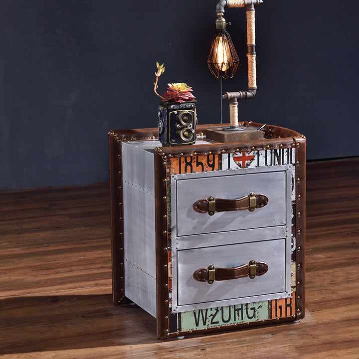 Table d'appoint cubique en forme de livre, vintage traditionnelle en bois et cuir PU, à 2 tiroirs pour salon 