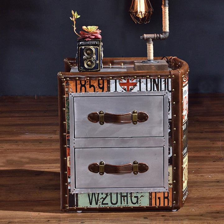 Table d'appoint cubique en forme de livre, vintage traditionnelle en bois et cuir PU, à 2 tiroirs pour salon 