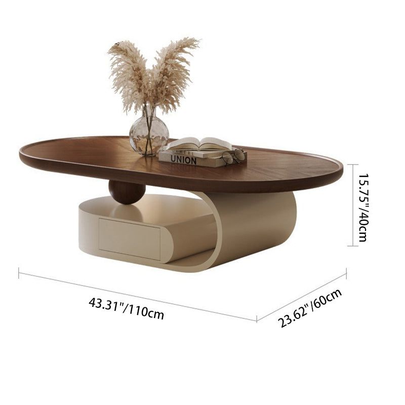 Table basse elliptique en bois massif nordique contemporain avec grain de bois et 1 tiroir pour salon 