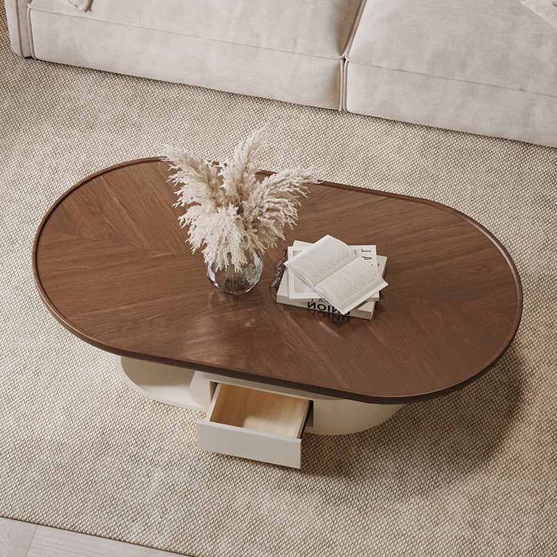 Table basse elliptique en bois massif nordique contemporain avec grain de bois et 1 tiroir pour salon 