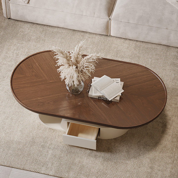 Table basse elliptique en bois massif nordique contemporain avec grain de bois et 1 tiroir pour salon 