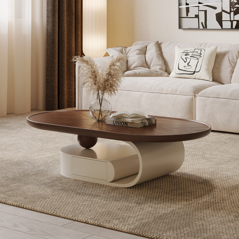 Table basse elliptique en bois massif nordique contemporain avec grain de bois et 1 tiroir pour salon 