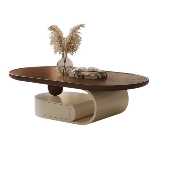 Table basse elliptique en bois massif nordique contemporain avec grain de bois et 1 tiroir pour salon 
