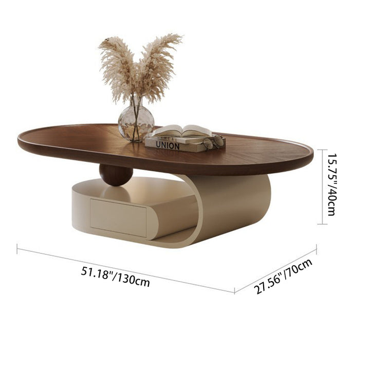 Table basse elliptique en bois massif nordique contemporain avec grain de bois et 1 tiroir pour salon 
