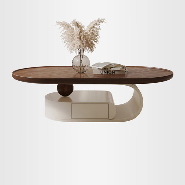 Table basse elliptique en bois massif nordique contemporain avec grain de bois et 1 tiroir pour salon 
