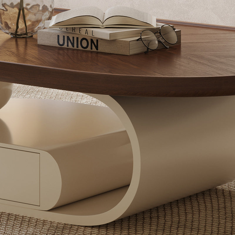 Table basse elliptique en bois massif nordique contemporain avec grain de bois et 1 tiroir pour salon 