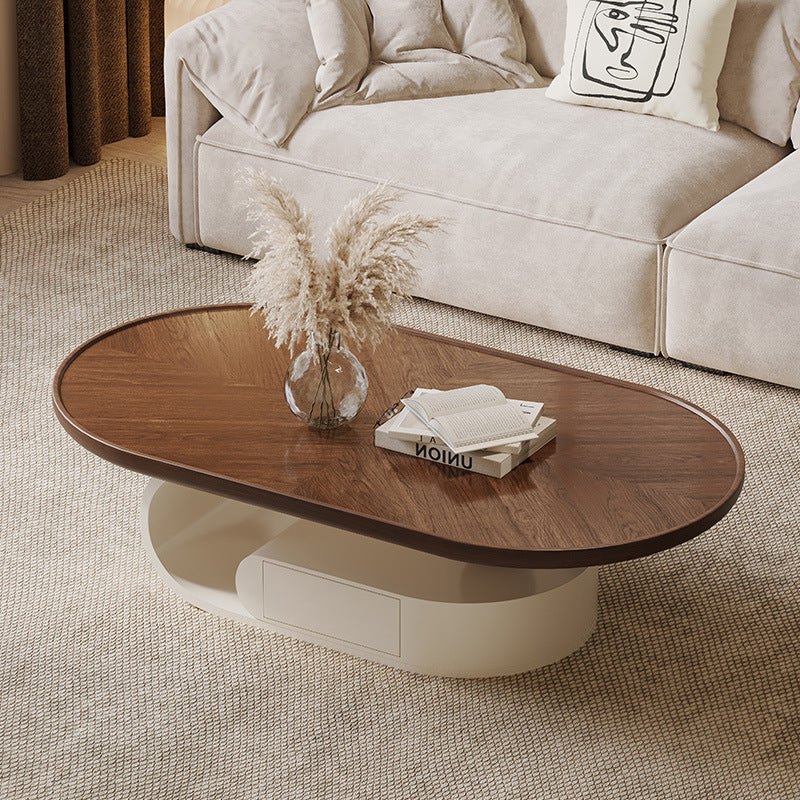 Table basse elliptique en bois massif nordique contemporain avec grain de bois et 1 tiroir pour salon 