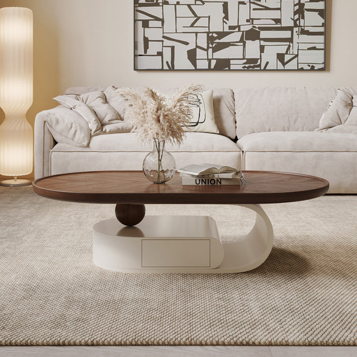 Table basse elliptique en bois massif nordique contemporain avec grain de bois et 1 tiroir pour salon 