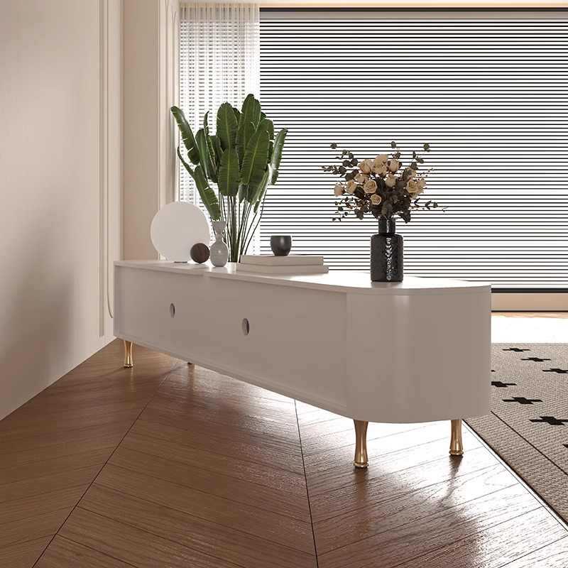 Meuble TV traditionnel français en bois massif avec panneaux en verre et acier inoxydable, porte arquée rectangulaire, 2 tiroirs d&