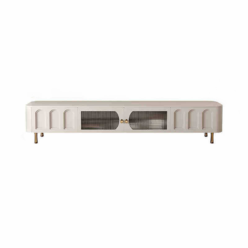 Meuble TV traditionnel français en bois massif avec panneaux en verre et acier inoxydable, porte arquée rectangulaire, 2 tiroirs d&
