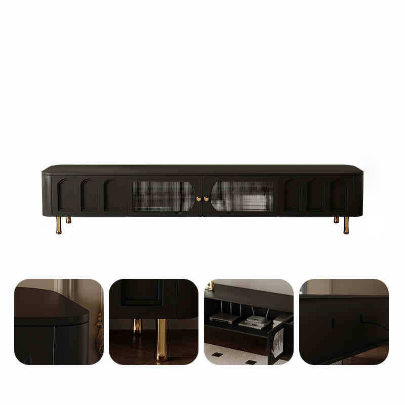 Meuble TV traditionnel français en bois massif avec panneaux en verre et acier inoxydable, porte arquée rectangulaire, 2 tiroirs d&