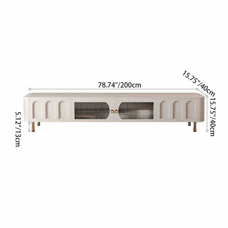 Meuble TV traditionnel français en bois massif avec panneaux en verre et acier inoxydable, porte arquée rectangulaire, 2 tiroirs d&