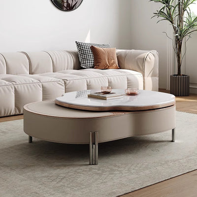 Contemporary Scandinavian Saddle Leather Microcrystalline Stainless Steel Irregular Cloud Coffee Table Extendable 1-Storage Drawer For Living Room