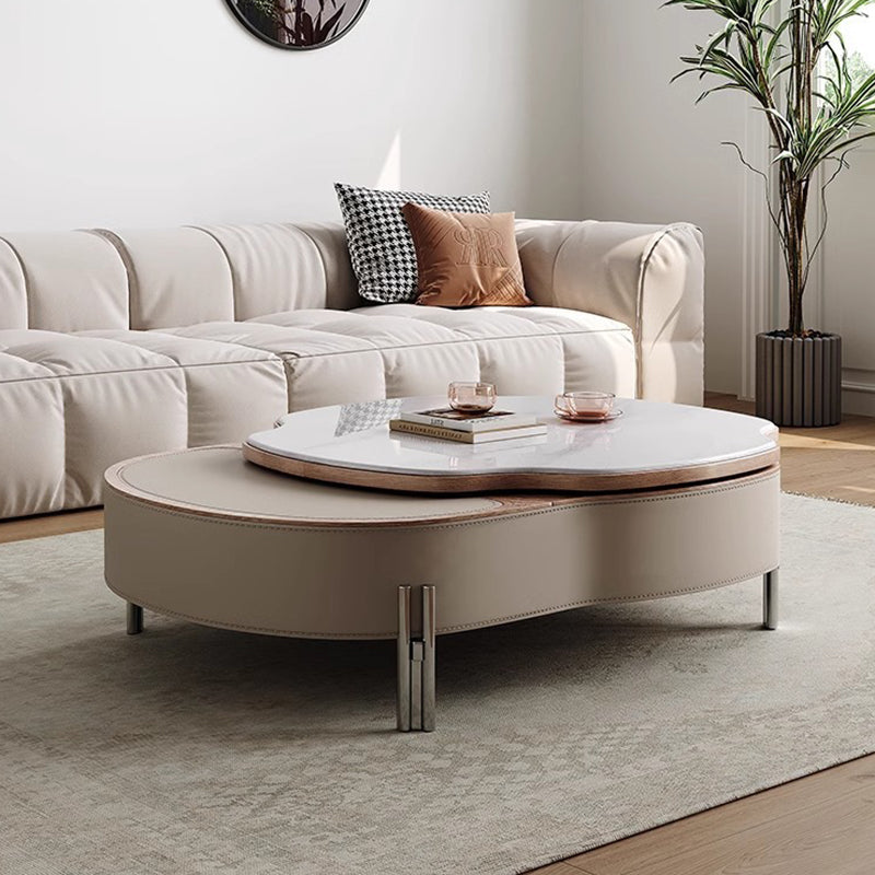 Contemporary Scandinavian Saddle Leather Microcrystalline Stainless Steel Irregular Cloud Coffee Table Extendable 1-Storage Drawer For Living Room