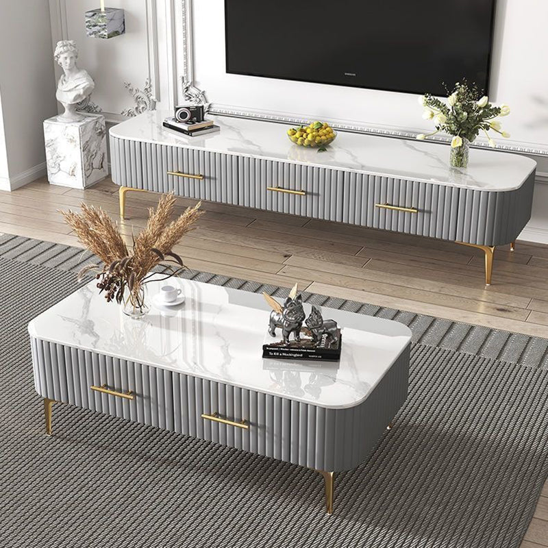 Table basse rectangulaire rayée contemporaine scandinave en cuir PU et acier inoxydable avec 2 tiroirs pour salon 
