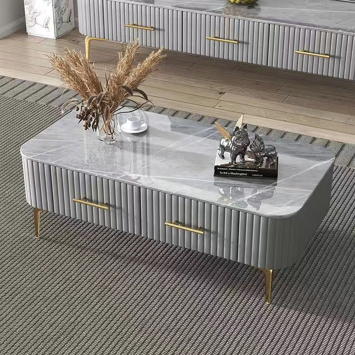 Table basse rectangulaire rayée contemporaine scandinave en cuir PU et acier inoxydable avec 2 tiroirs pour salon 