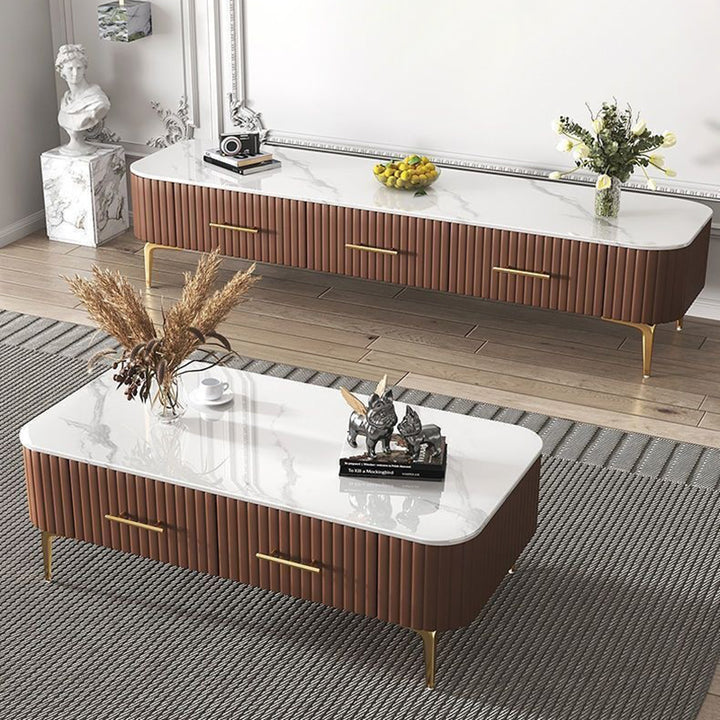 Table basse rectangulaire rayée contemporaine scandinave en cuir PU et acier inoxydable avec 2 tiroirs pour salon 
