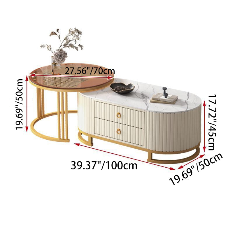 Modern Minimalist Slab Glass Wood Leather Metal Round Oval Coffee Table Set 2-Drawer Extendable For Living Room