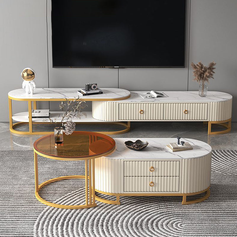 Support TV elliptique en bois minimaliste moderne avec cuir PU et métal, 2 tiroirs extensibles pour salon 