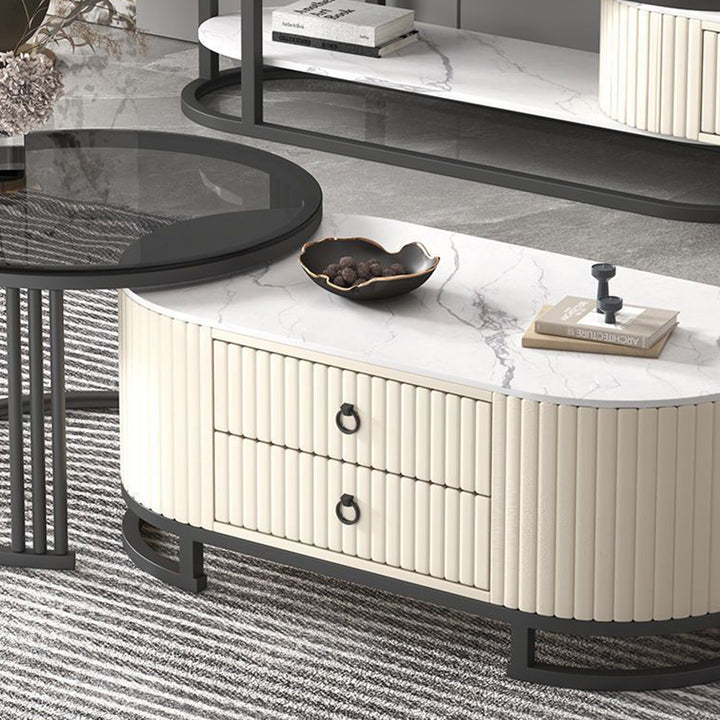 Modern Minimalist Slab Glass Wood PU Leather Metal Round Oval Coffee Table Set 2-Drawer Extendable For Living Room