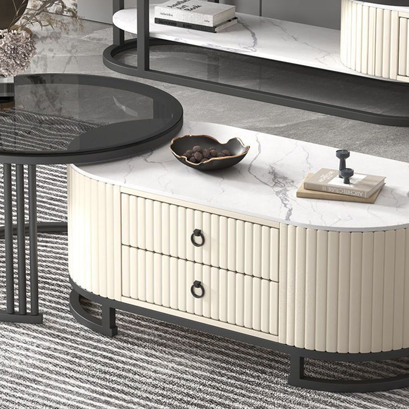 Modern Minimalist Slab Glass Wood Leather Metal Round Oval Coffee Table Set 2-Drawer Extendable For Living Room