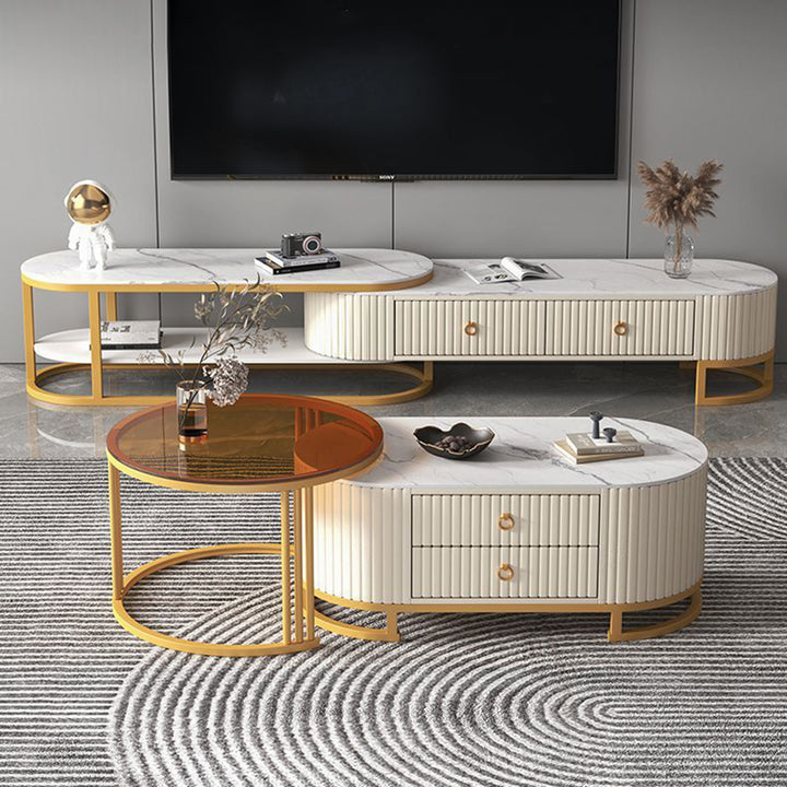 Support TV elliptique en bois minimaliste moderne avec cuir PU et métal, 2 tiroirs extensibles pour salon 