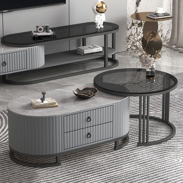 Moderner minimalistischer Couchtisch aus Glas, Holz, PU-Leder, Metall, rund, oval, mit 2 Schubladen, ausziehbar für das Wohnzimmer 