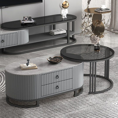 Modern Minimalist Slab Glass Wood Leather Metal Round Oval Coffee Table Set 2-Drawer Extendable For Living Room